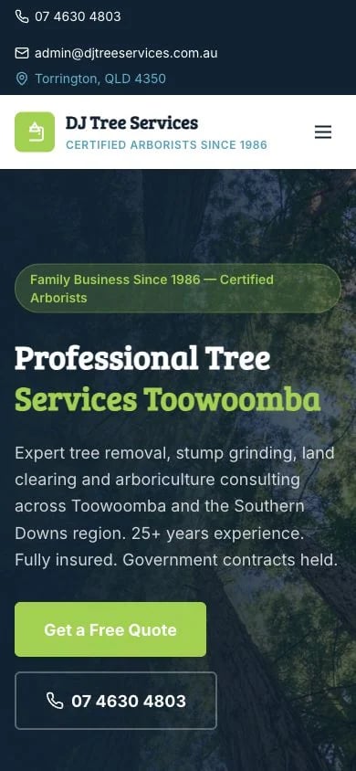 DJ Tree Services concept at mobile width
