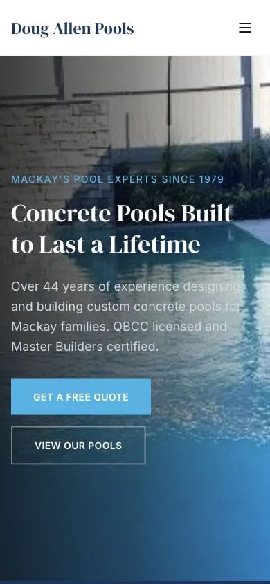Doug Allen Pools concept at mobile width