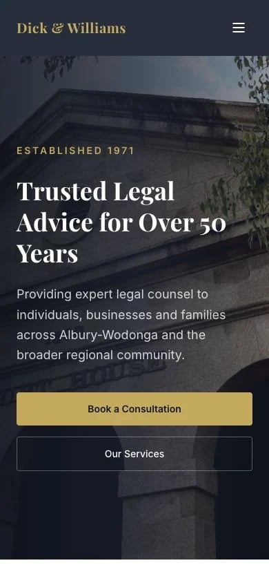 Dick & Williams Lawyers concept at mobile width
