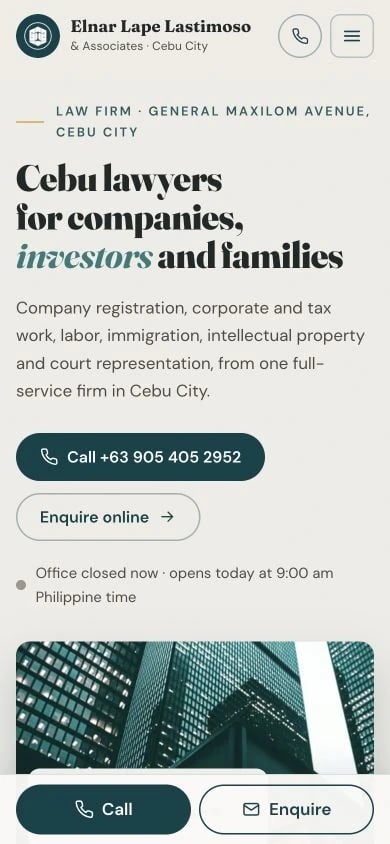 Elnar Lape Lastimoso & Associates concept at mobile width