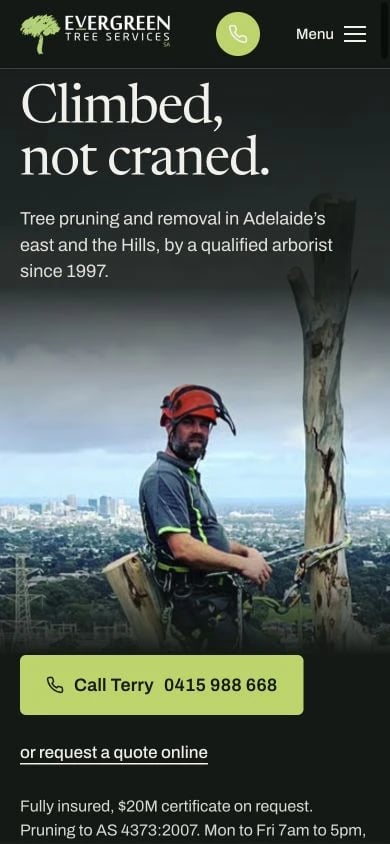 Evergreen Tree Services SA concept at mobile width