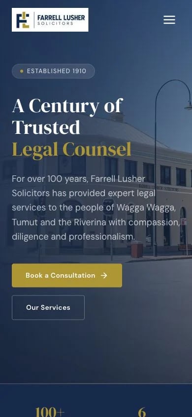 Farrell Lusher Solicitors concept at mobile width