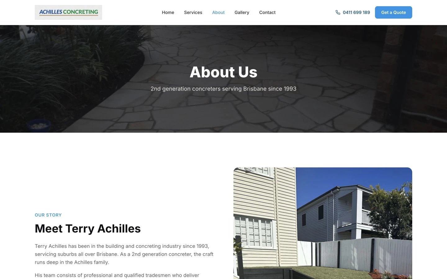 Achilles Concreting: About design, showing “About Us”