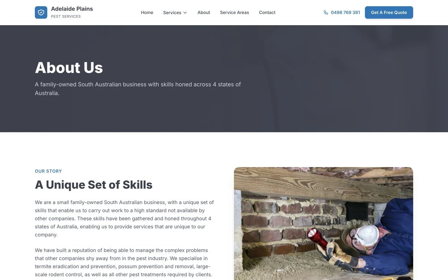 Adelaide Plains Pest Services: About design, showing “About Us”