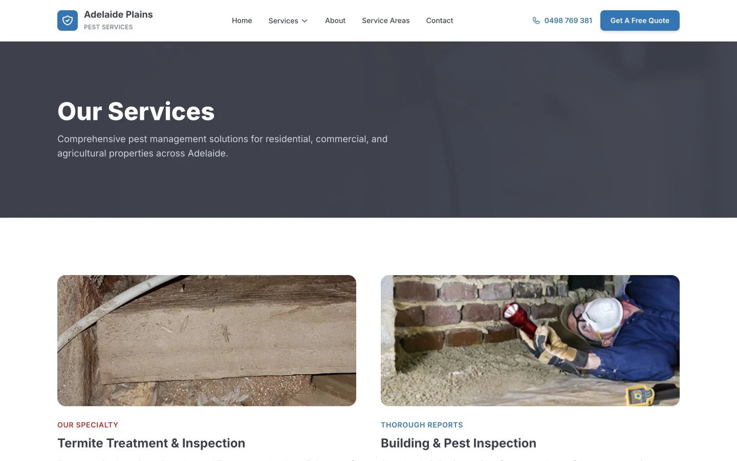 Adelaide Plains Pest Services: Services desktop layout