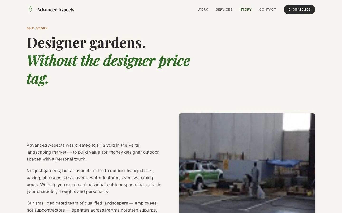 Advanced Aspects: About design, showing “Designer gardens. Without the designer price tag.”