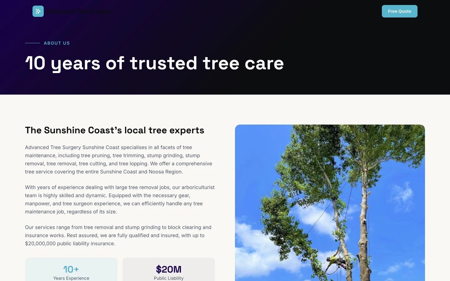 Advanced Tree Surgery Sunshine Coast: About design, showing “10 years of trusted tree care”