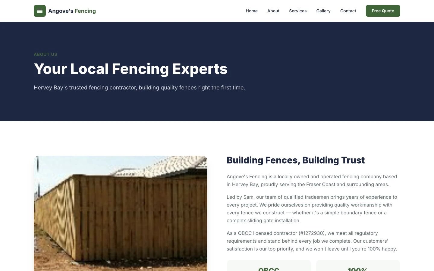 Angove's Fencing: About design, showing “Your Local Fencing Experts”