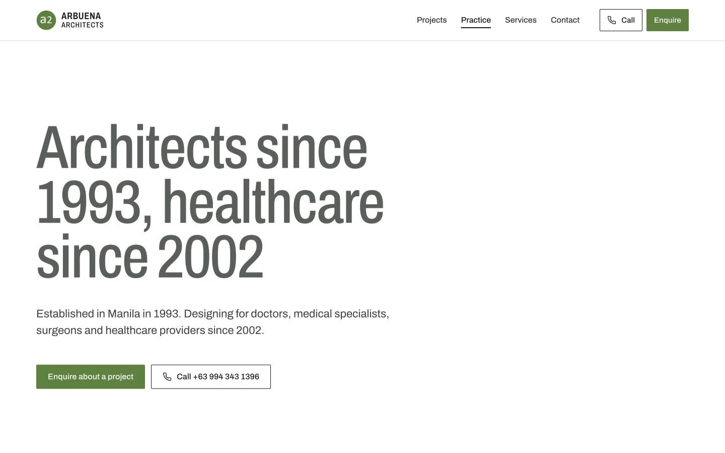 ARBuena Architects: About design, showing “Architects since 1993, healthcare since 2002”