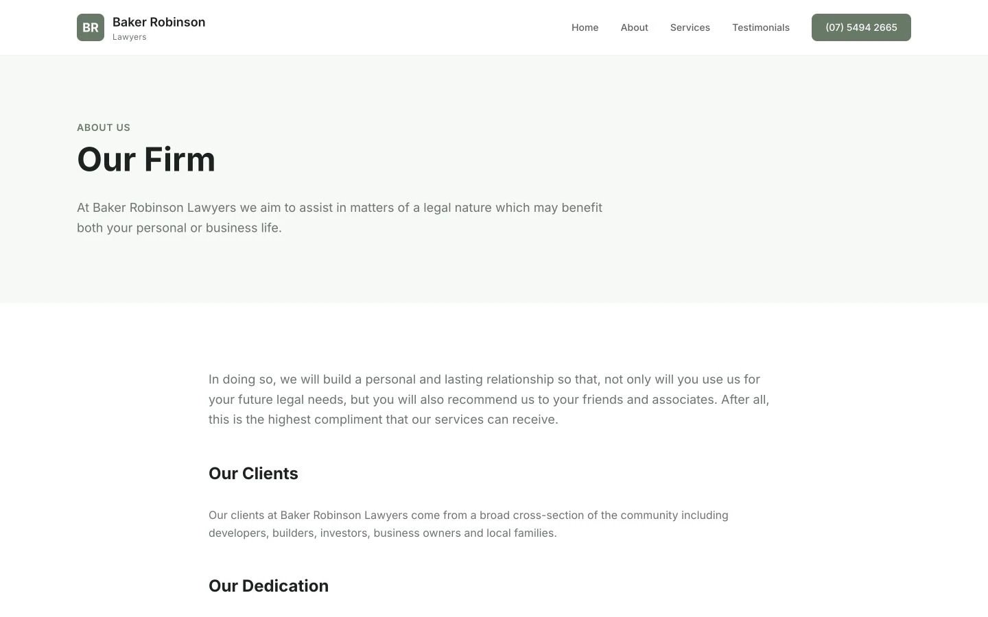 Baker Robinson Lawyers: About design, showing “Our Firm”