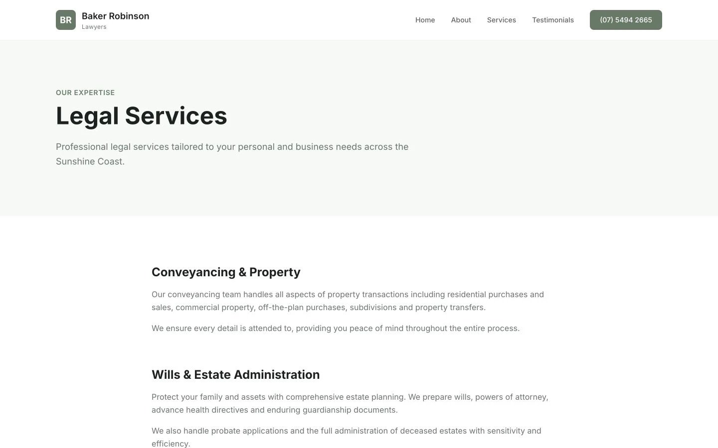 Baker Robinson Lawyers: Practice Areas desktop layout