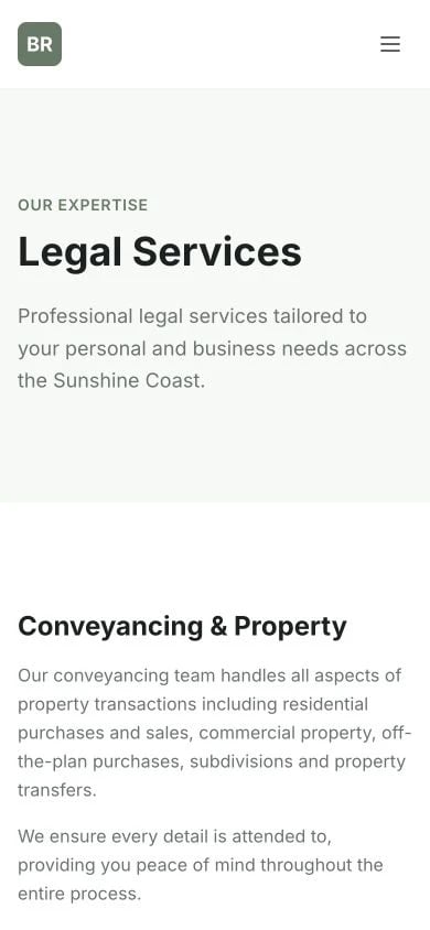 Baker Robinson Lawyers: Practice Areas mobile layout