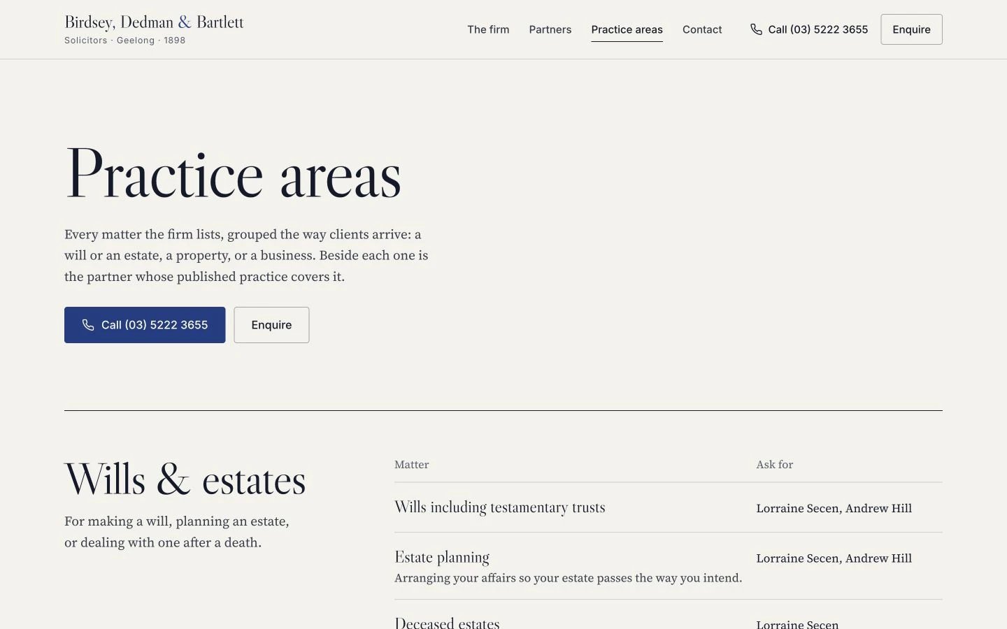 Birdsey, Dedman & Bartlett: Practice Areas desktop layout