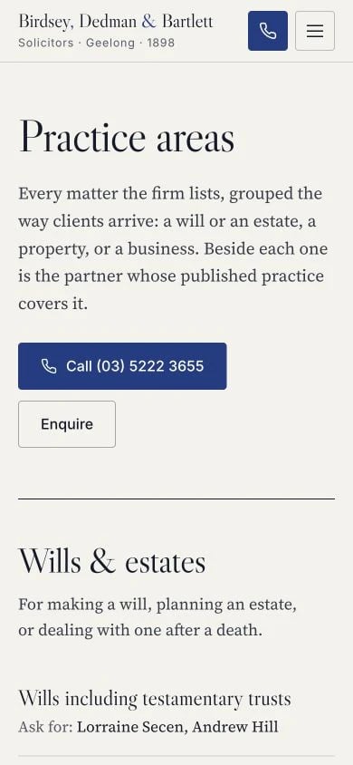 Birdsey, Dedman & Bartlett: Practice Areas mobile layout