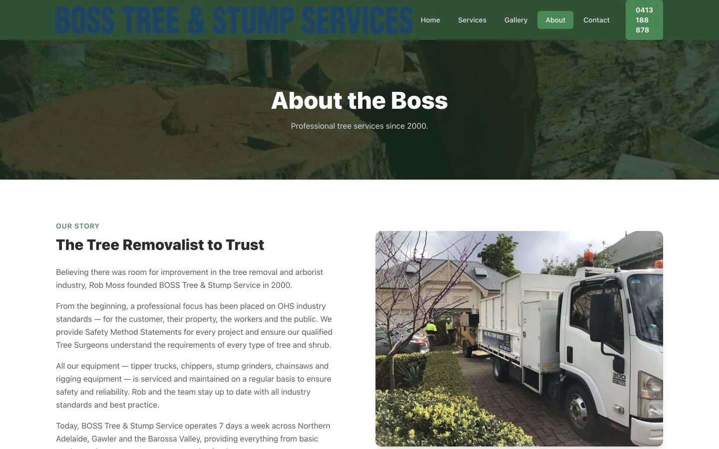 BOSS Tree & Stump Service: About design, showing “About the Boss”