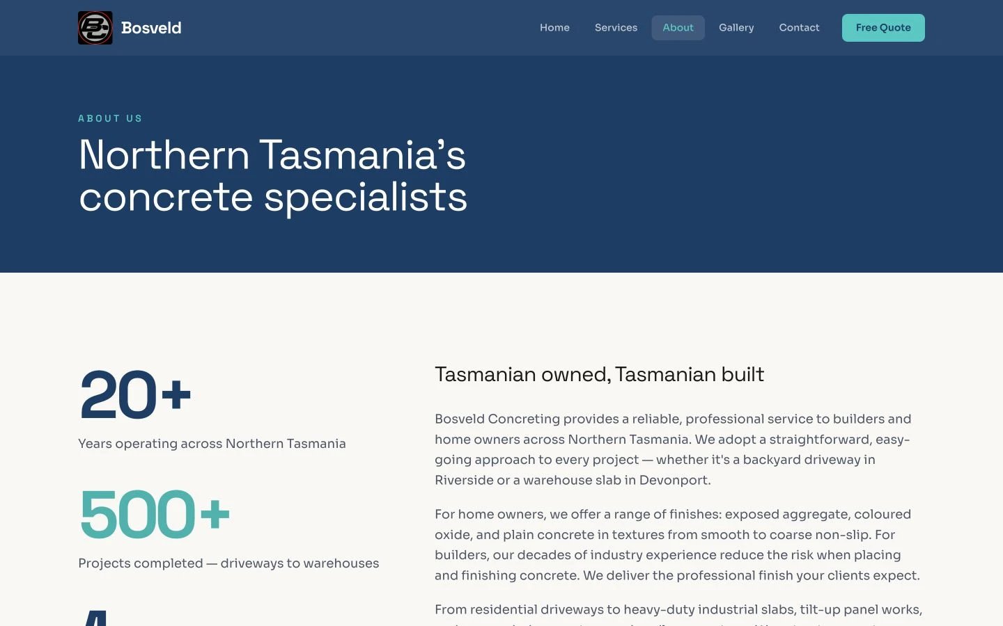 Bosveld Concreting: About design, showing “Northern Tasmania'sconcrete specialists”