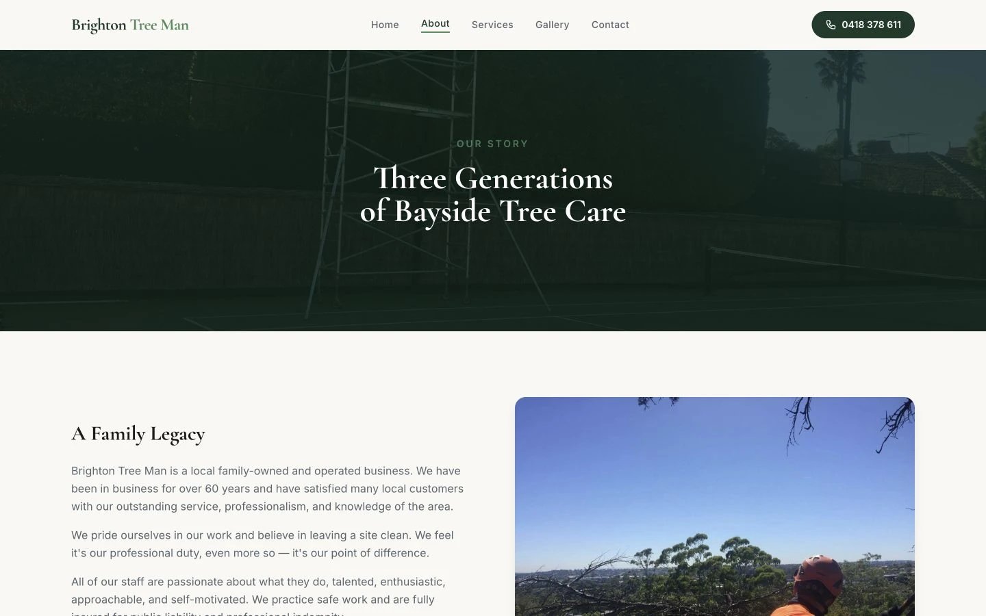 Brighton Tree Man: About design, showing “Three Generationsof Bayside Tree Care”