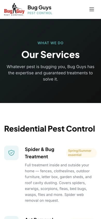 Bug Guys: Services mobile layout