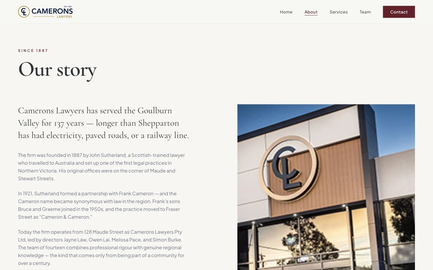 Camerons Lawyers: About design, showing “Our story”