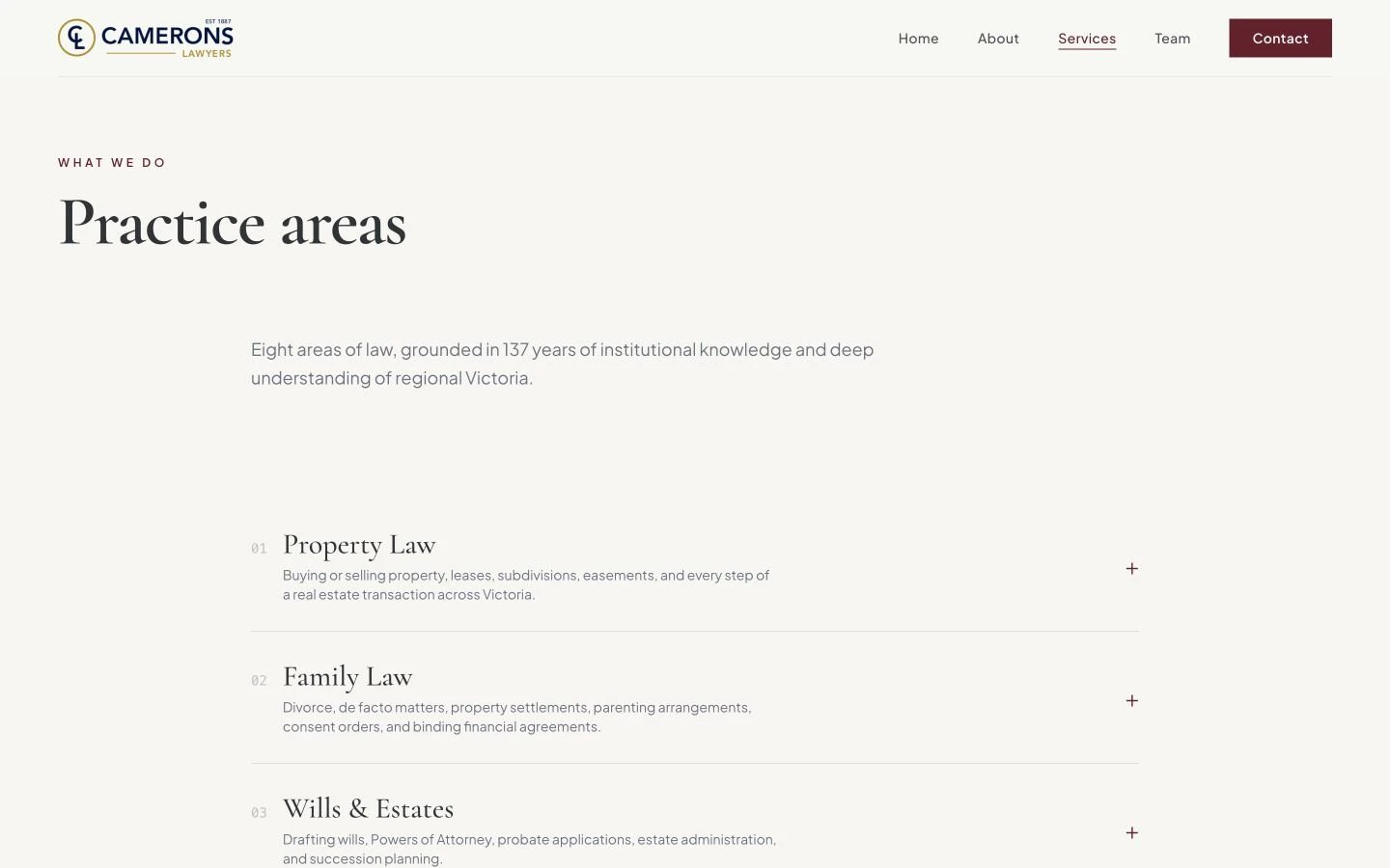Camerons Lawyers: Services desktop layout
