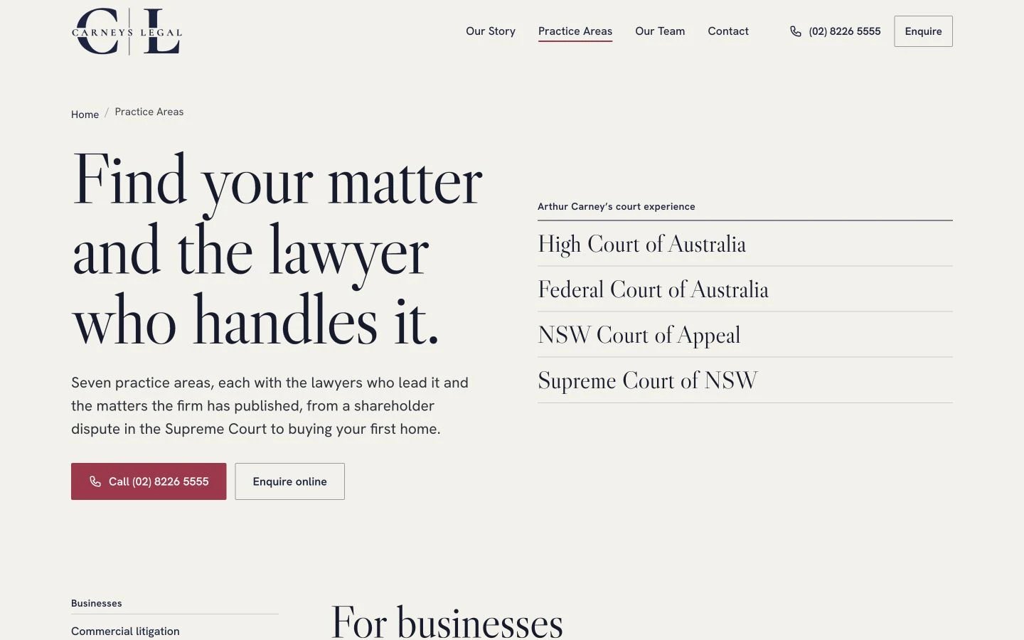Carneys Legal: Practice Areas desktop layout