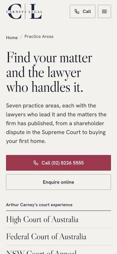 Carneys Legal: Practice Areas mobile layout