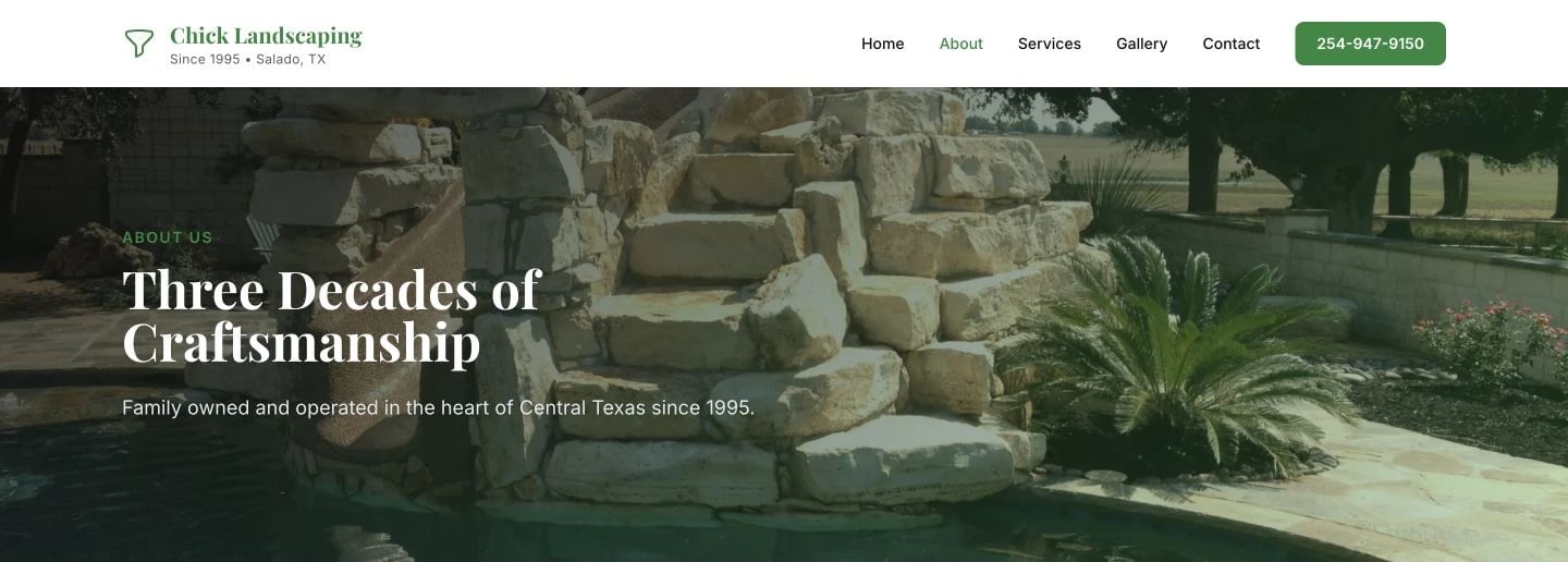 Chick Landscaping: About design, showing “Three Decades of Craftsmanship”
