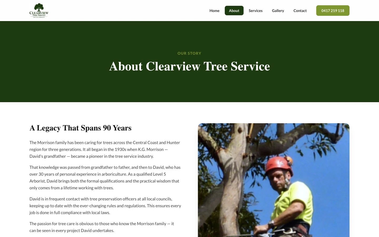 Clearview Tree Service: About design, showing “About Clearview Tree Service”