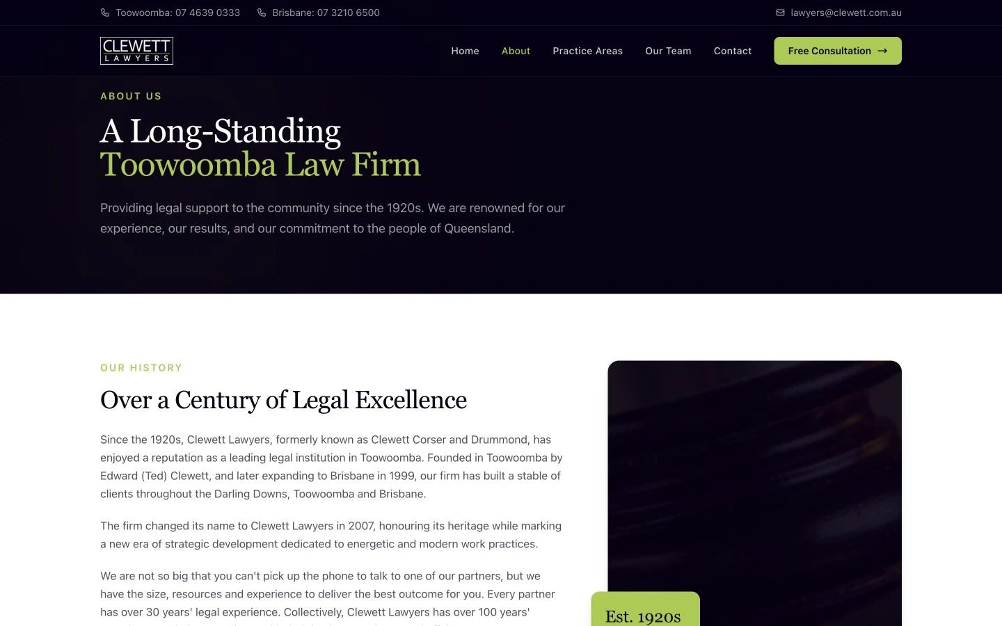 Clewett Lawyers: About design, showing “A Long-Standing Toowoomba Law Firm”