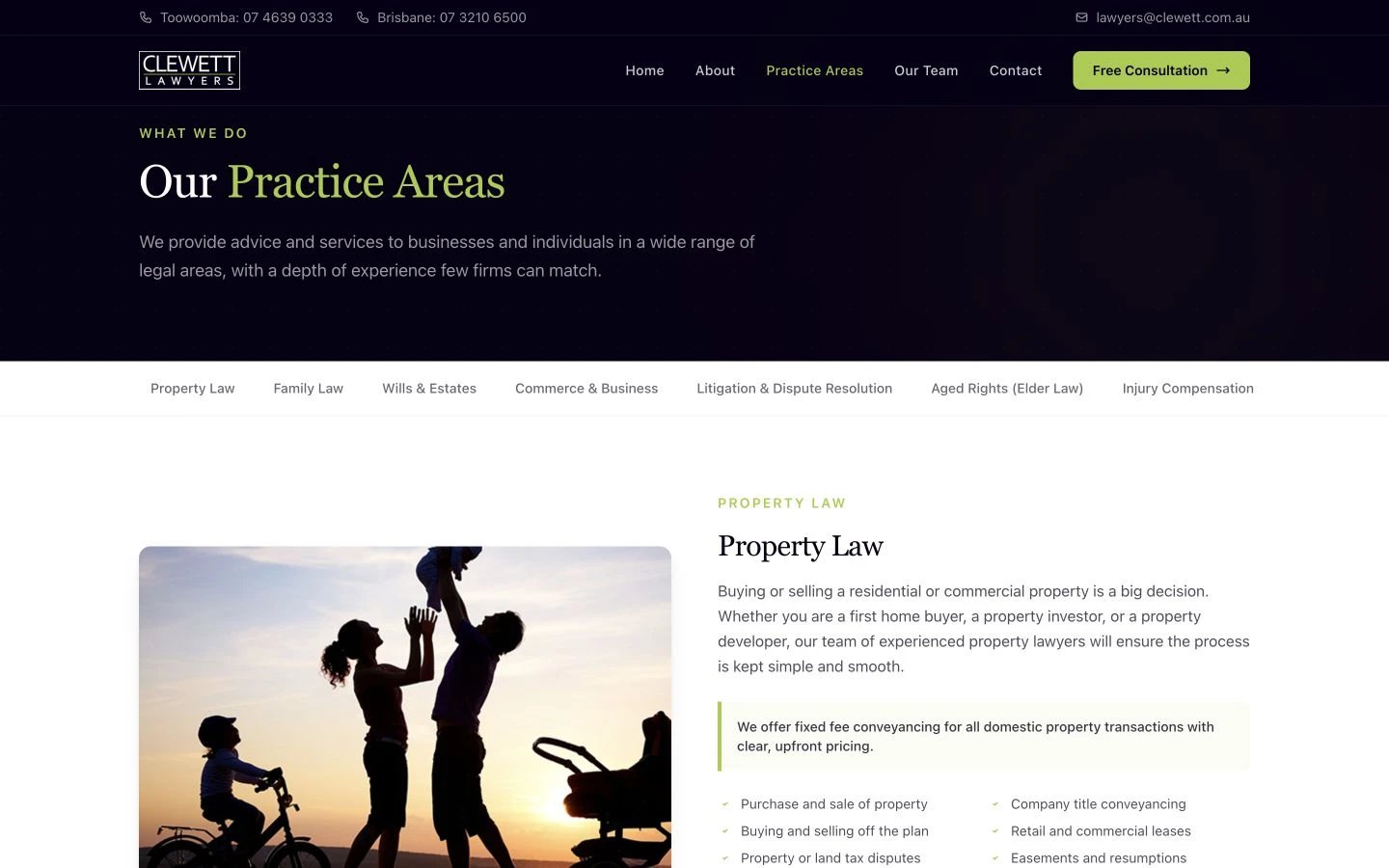 Clewett Lawyers: Practice Areas desktop layout