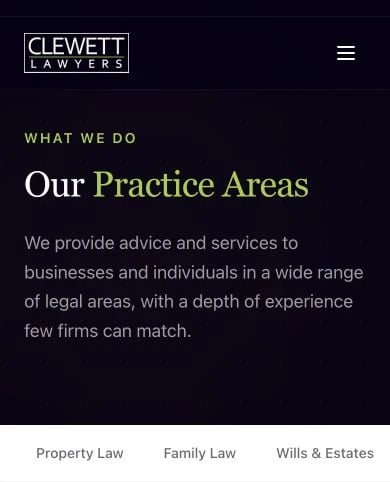 Clewett Lawyers: Practice Areas mobile layout