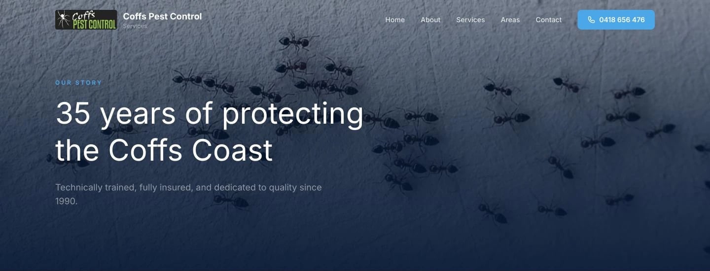 Coffs Harbour Pest Control Services: About design, showing “35 years of protectingthe Coffs Coast”