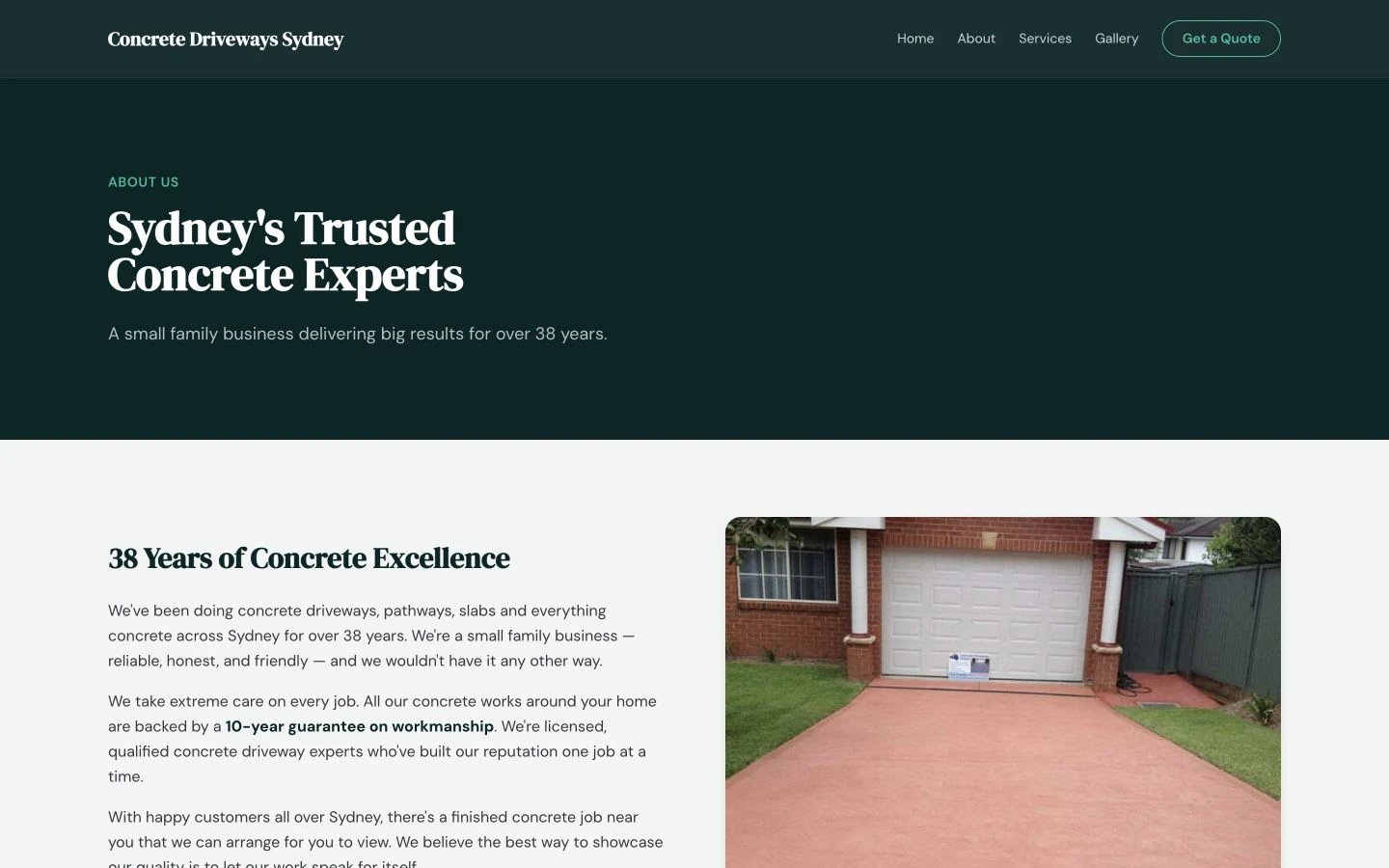 Concrete Driveways Sydney: About design, showing “Sydney's TrustedConcrete Experts”
