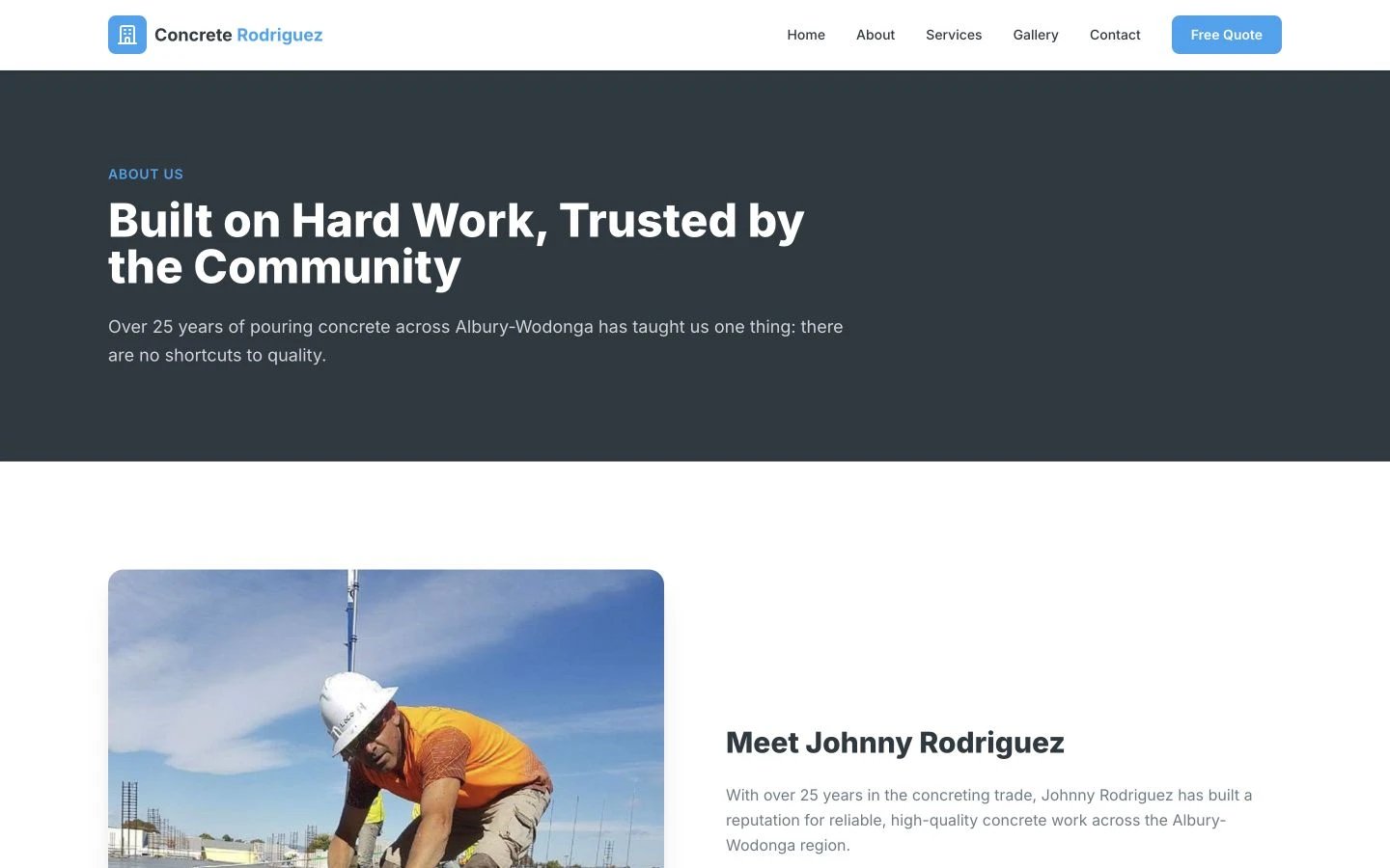 Concrete Rodriguez: About design, showing “Built on Hard Work, Trusted by the Community”