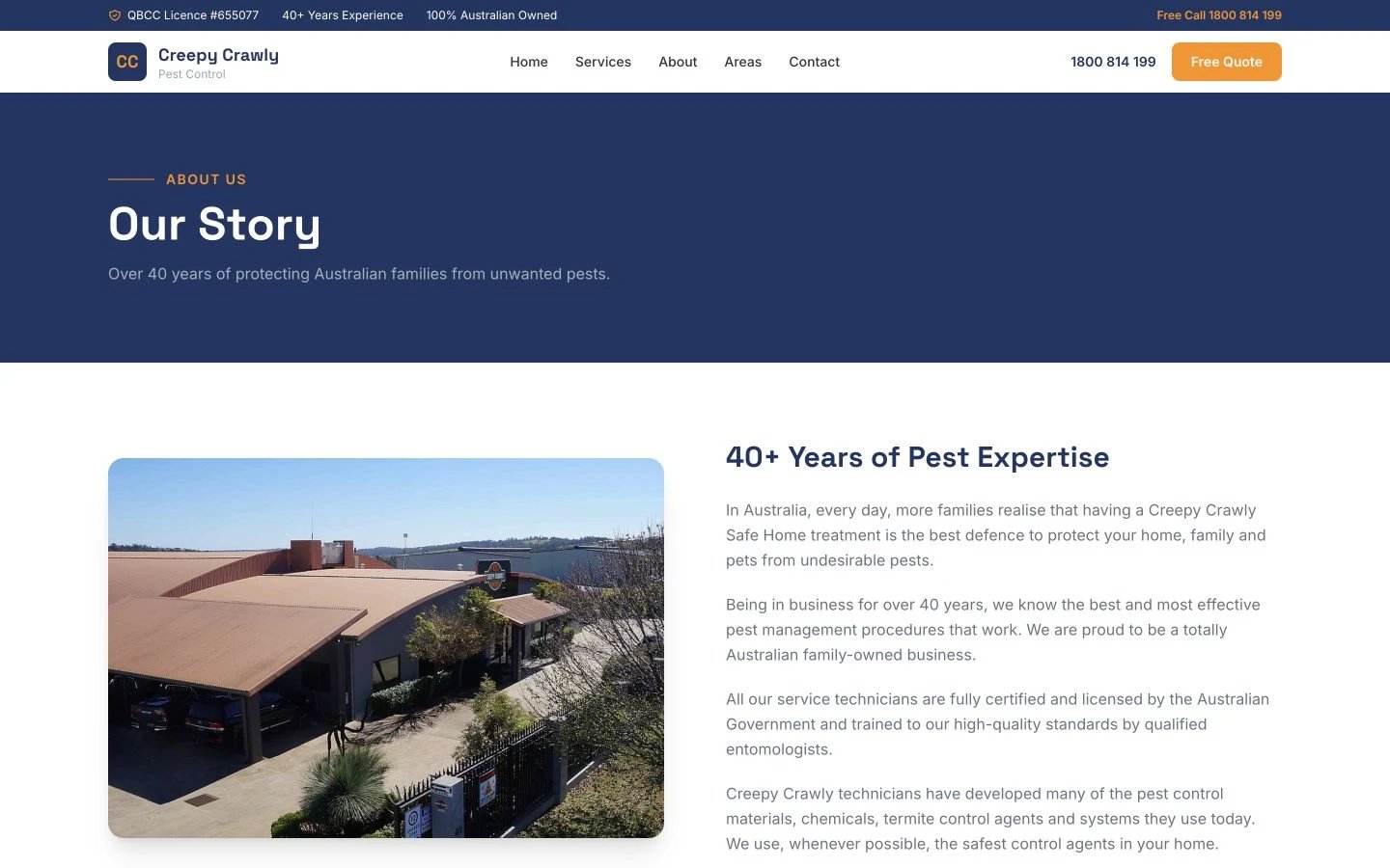 Creepy Crawly Pest Control: About design, showing “Our Story”