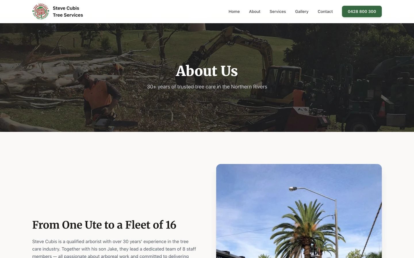 Steve Cubis Tree Services: About design, showing “About Us”
