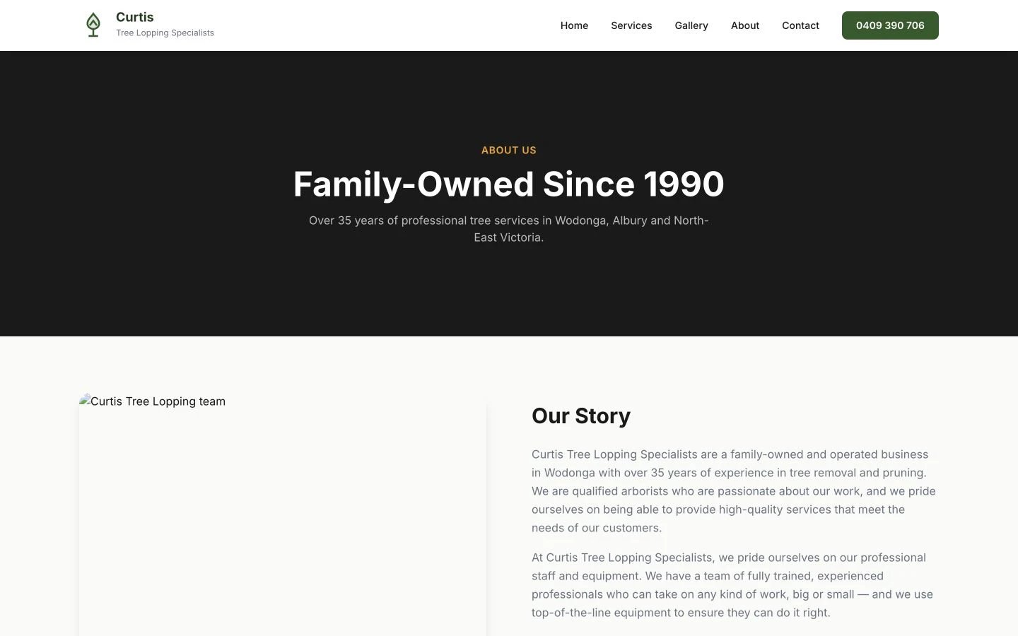 Curtis Tree Lopping Specialists: About design, showing “Family-Owned Since 1990”