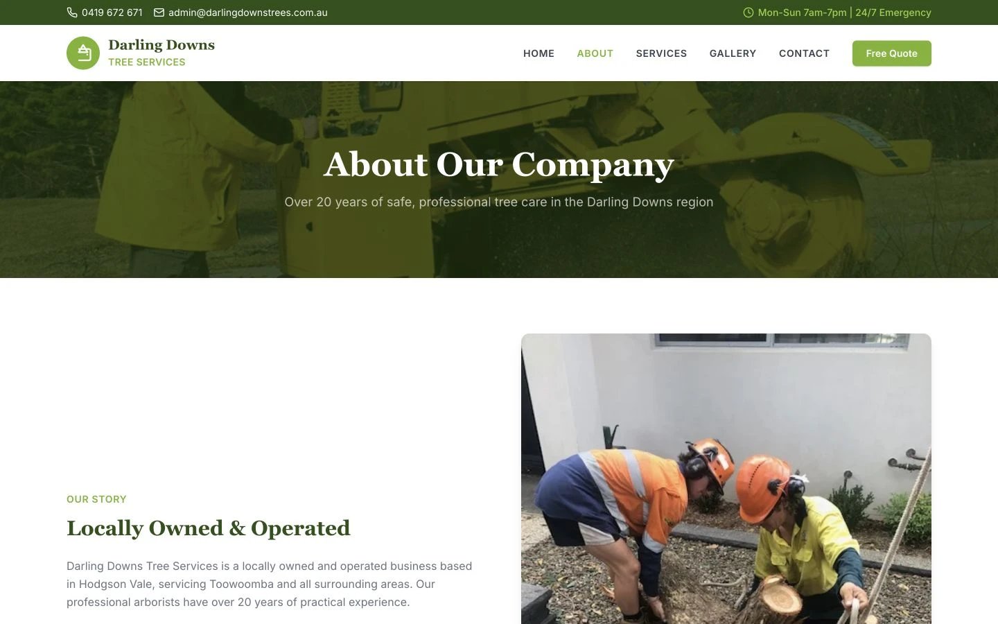Darling Downs Tree Services: About design, showing “About Our Company”