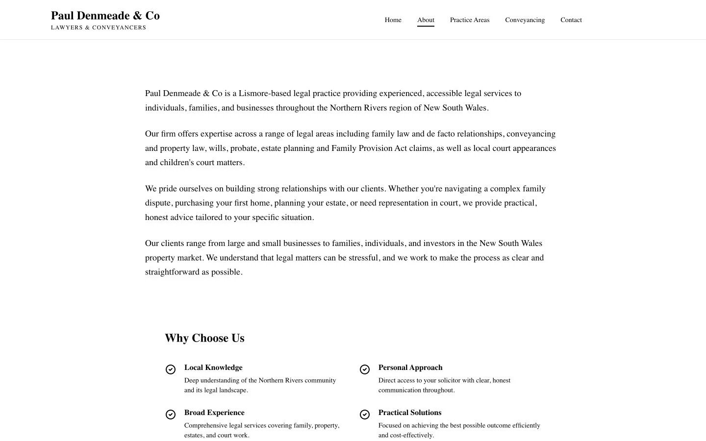 Paul Denmeade & Co: About design, showing “Our Firm”