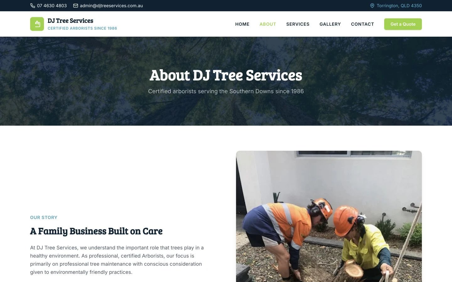 DJ Tree Services: About design, showing “About DJ Tree Services”