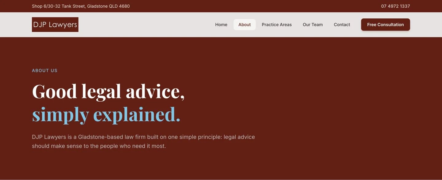 DJP Lawyers: About design, showing “Good legal advice,simply explained.”