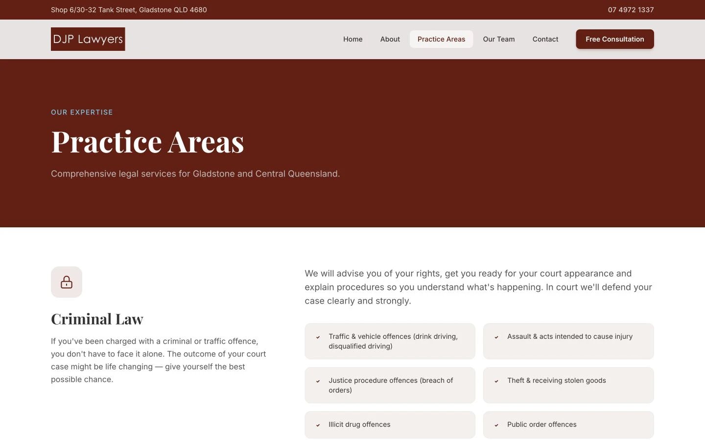 DJP Lawyers: Practice Areas desktop layout