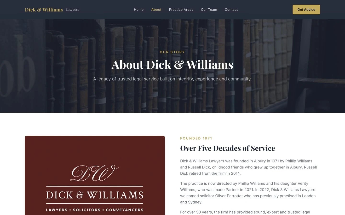 Dick & Williams Lawyers: About design, showing “About Dick & Williams”