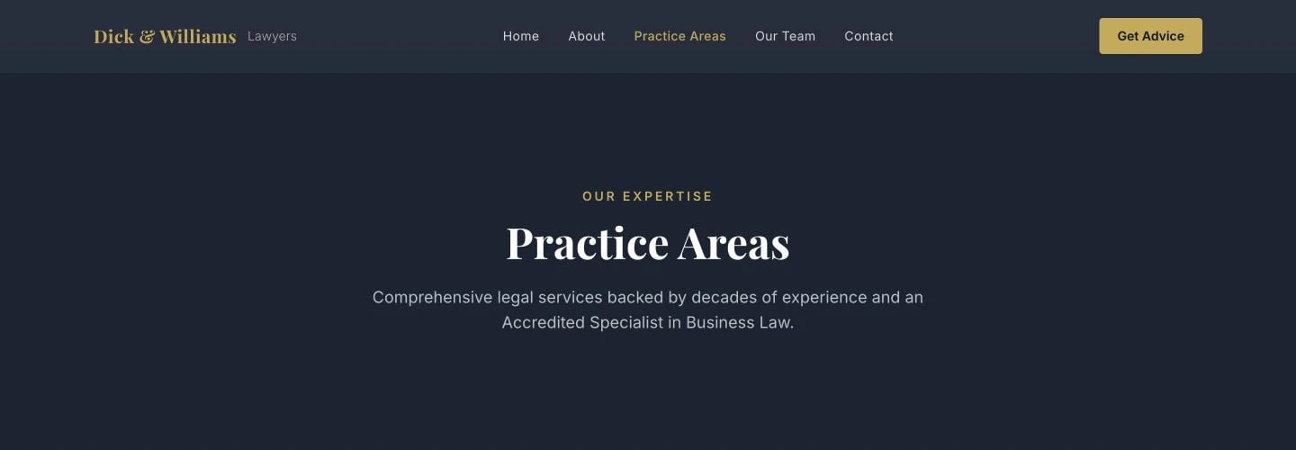 Dick & Williams Lawyers: Practice Areas desktop layout