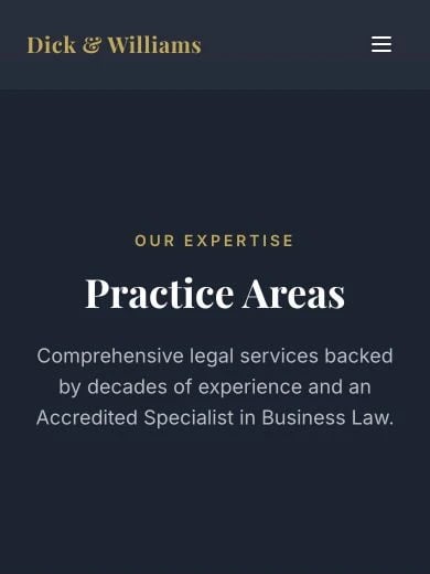 Dick & Williams Lawyers: Practice Areas mobile layout