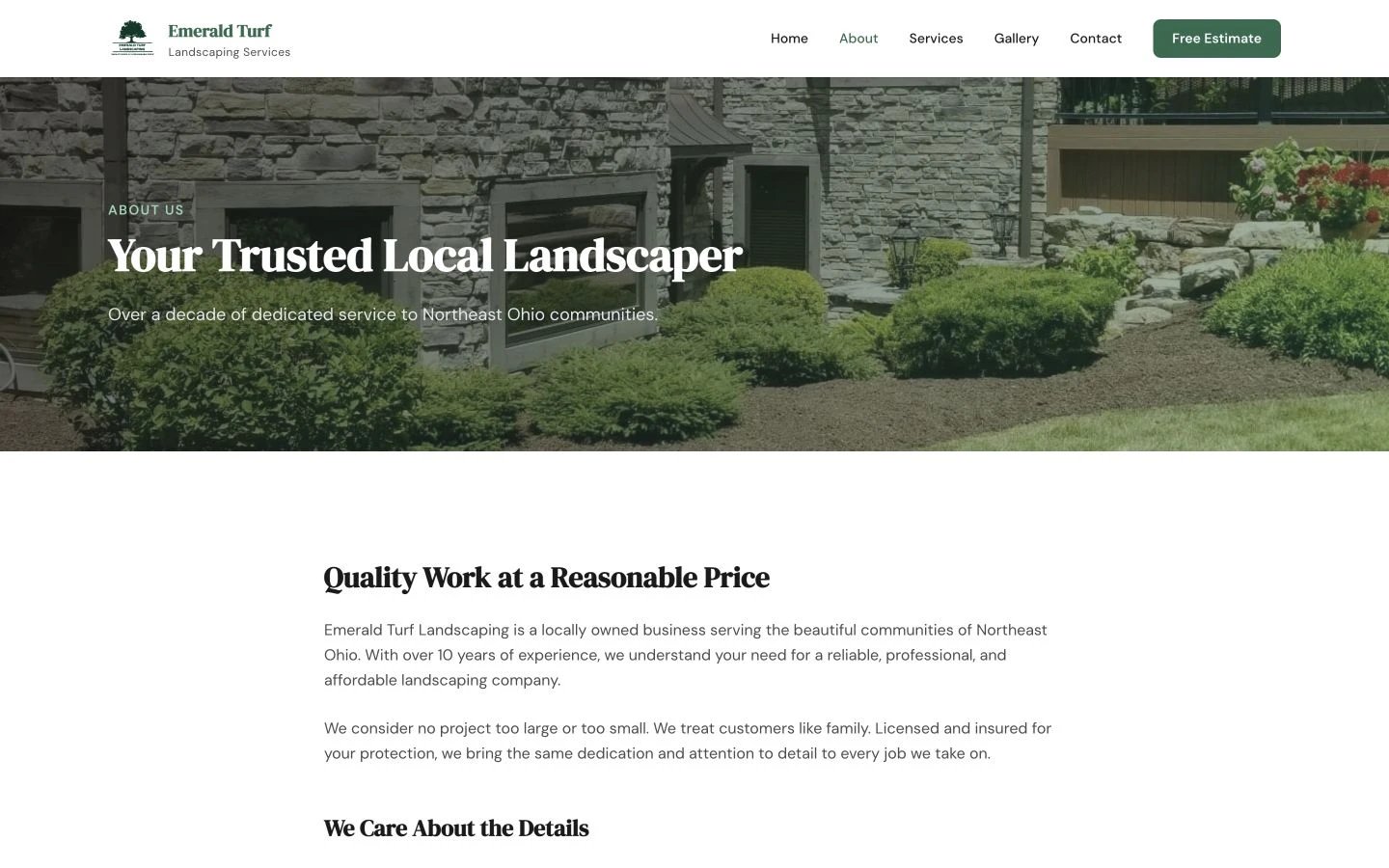 Emerald Turf Landscaping: About design, showing “Your Trusted Local Landscaper”