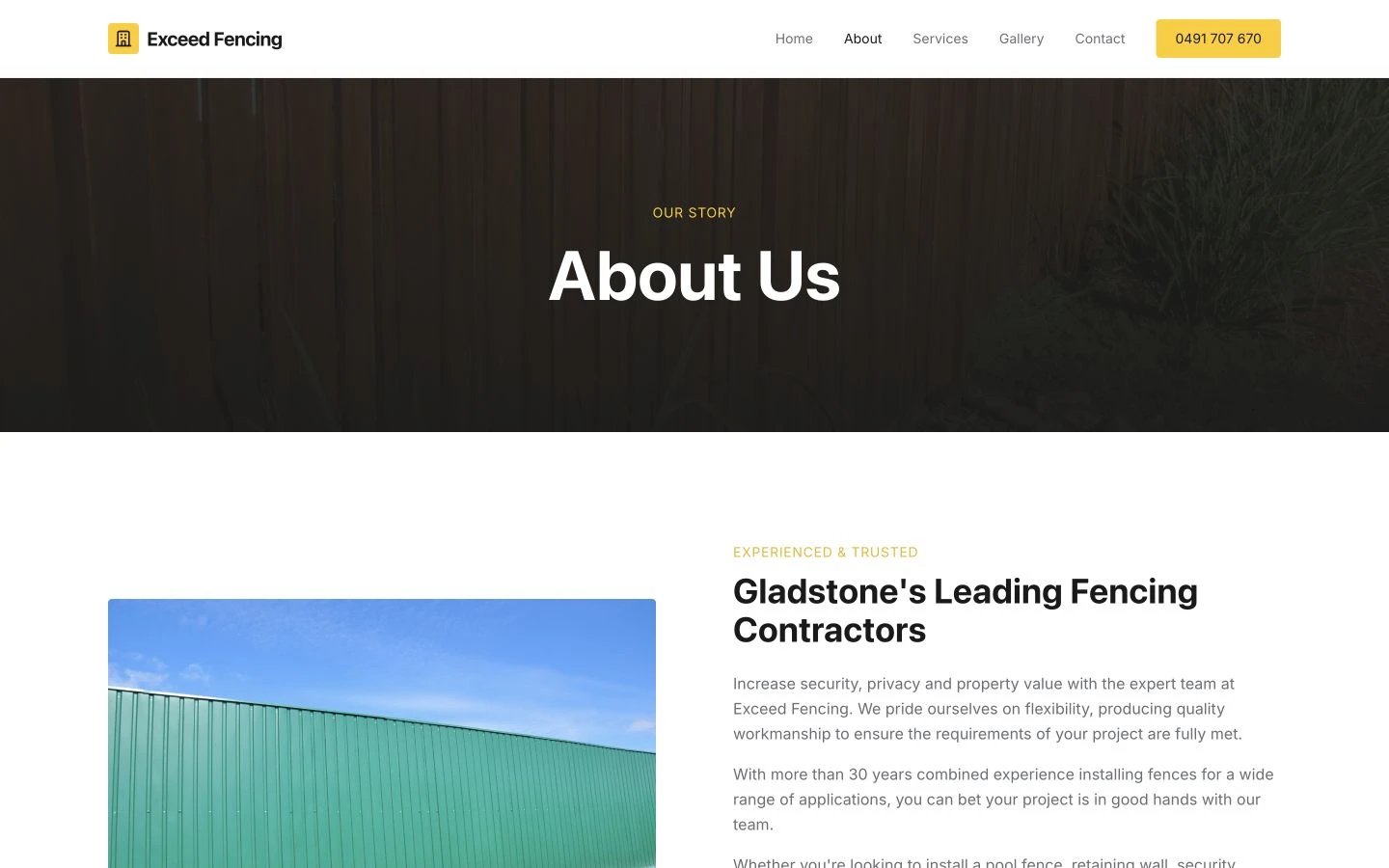 Exceed Fencing: About design, showing “About Us”