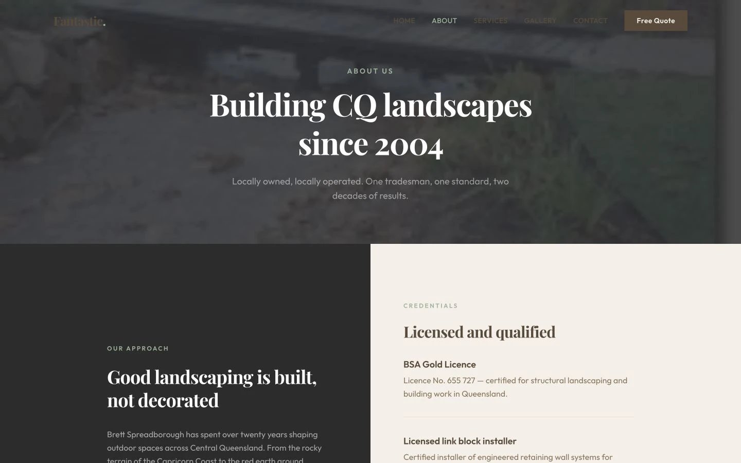 Fantastic Landscaping: About design, showing “Building CQ landscapes since 2004”