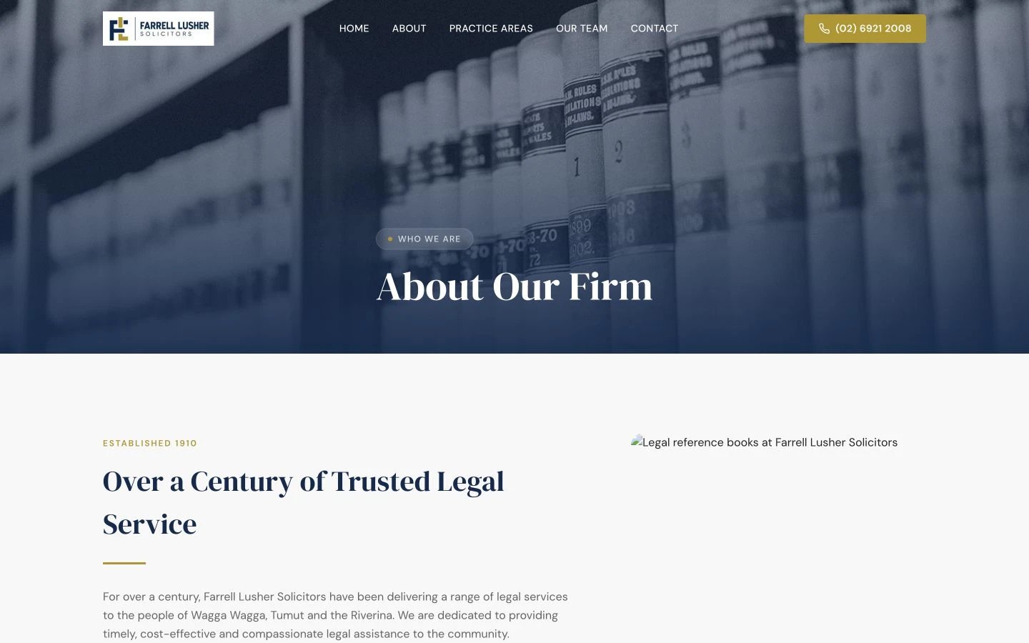 Farrell Lusher Solicitors: About design, showing “About Our Firm”