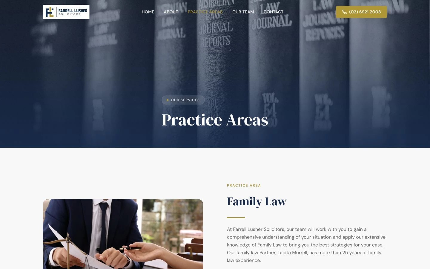 Farrell Lusher Solicitors: Practice Areas desktop layout